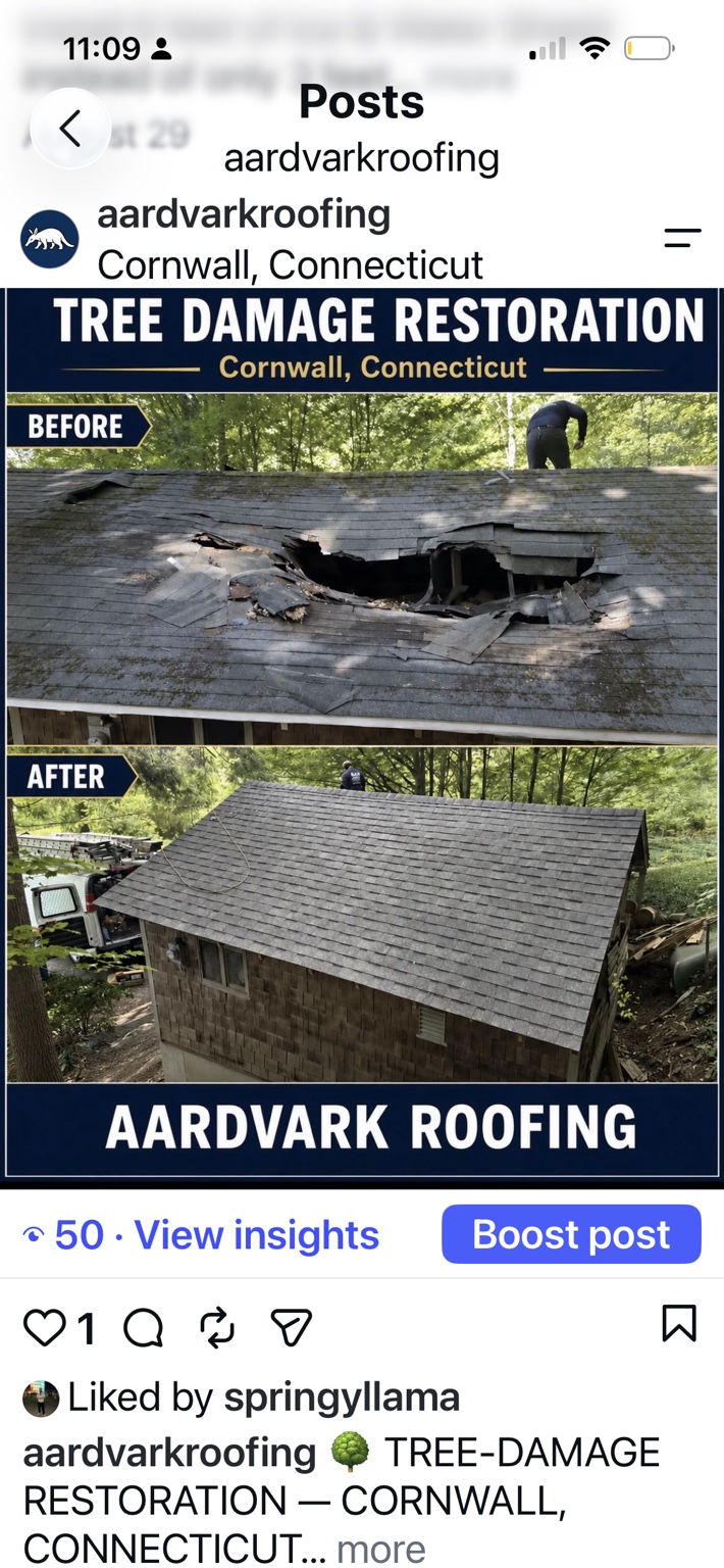Before and after Aardvark Roofing’s West Cornwall tree-damage restoration: a large opening in the damaged roof, followed by the completed shingle roof